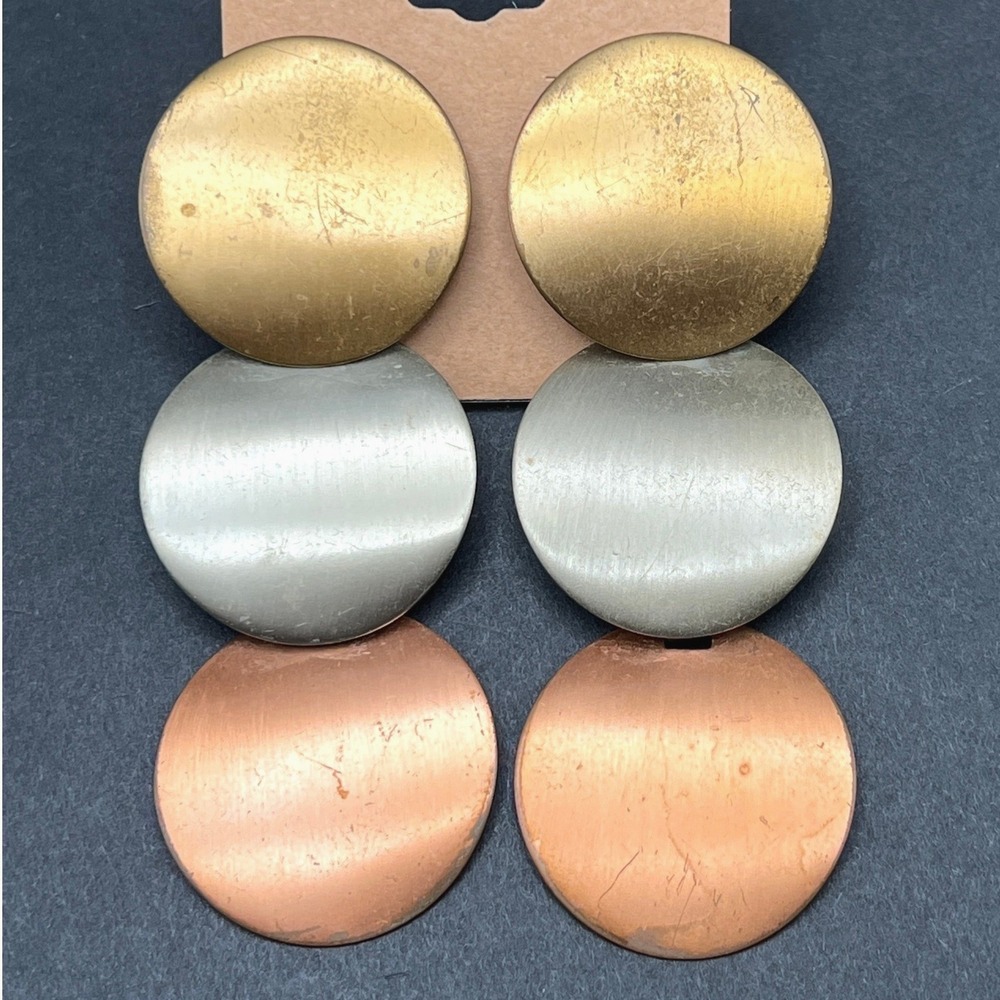 Vintage Statement Earrings Mixed Metal Gold Silver Copper Tone Brutalist 3.5"